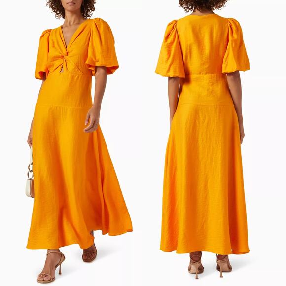 Sandro Rambla Twist V-Neck Puff Sleeve Maxi Dress Orange‎ Size 40 Large - Picture 1 of 12